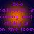 Pixelated purple text on orange gradient background reads "boo halloween is coming and coming and chuky is on the loo" in four repeated