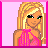 Pixel art contact sheet showing a blonde doll character in pink swimwear across four frames with visible text and accessories.