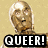 Pixelated image of a bald man with light skin and brown hair on the sides, wearing a black shirt, with the word 'QUEER!' in white text on a black banner below.