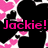 Pixelated image with pink and white floral patterns on black background, featuring bold magenta text reading "Jackie!" in lowercase letters.