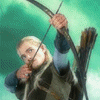 A person with long blonde hair draws a bow, wearing a dark vest over a blue shirt against a teal background with text overlays.