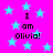Bright pink background with scattered light blue stars and repeated black text "I am Olivia!" in four quadrants.