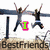 Two people jump over a railing with arms raised, one in gray shirt and dark pants, the other in black shirt and blue jeans; text changes from 'I' to 'LOVE' to 'SUMMER'.
