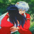 Pixelated anime-style icon showing two characters embracing with blue text and star symbols on a white background.