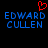 A static digital image displays blue pixelated text 'EDWARD CULLEN' with a red heart symbol above the left instance of the name on a black background.