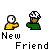 Pixel art of two figures in yellow and green shirts with white hair, showing friendship and rejection sequences with text bubbles and animation changes.