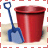 A 4-frame animated contact sheet showing a red bucket and blue shovel on sandy ground with varying star sparkles in each frame.