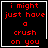 Four black square with red pixelated text reading "i might just have a crush on you" and white borders, each containing a different white symbol in the bottom-right corner