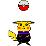 Pixel art of yellow Pikachu with red cheeks wearing black robe and purple sash, positioned below red-and-white Poké Ball on gray background.
