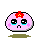 Pixelated pink spherical character with red flower on head, blue tears, and blush marks in four distinct poses showing facial expressions and shadow variations.
