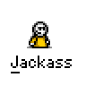 Animated contact sheet of a pixel art icon featuring a yellow stick figure and brown donkey, with text bubbles reading "HEY!" and "JACKASS!" in some frames.