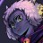 A pixelated close-up of a stylized face with purple and blue tones, featuring a wide smile and green eyes against a dark background with light accents.
