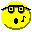 Yellow circular face with black glasses and mouth, displaying musical note symbols in various positions across frames.