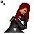 Pixel art of a red-haired figure in black clothing holding a dark bag with white symbol, next to red text reading 'Dead' and 'Inside'.