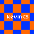 Pixelated orange and blue checkered pattern with four instances of 'kevin<3' text in white, arranged across different layouts