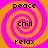 Four identical spiral patterns with orange and pink colors, each containing the words peace, chill, and relax in black text.
