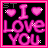 Pixelated pink 'I Love You' text with heart symbols in a 4-frame contact sheet layout, each frame showing slight animation variations against black background and bright pink border.