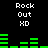 Black background with white text "Rock Out XD" repeated twice above green audio equalizer bars that change height across frames.