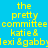 Blue background with yellow text repeating 'the pretty committee katie & lexi & gabby' across multiple , some words highlighted in orange