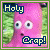 Pixelated pink creature with large eyes and small mouth, framed by green border, displaying 'Holy' text top-left and '@rap!' text bottom-center in two states.