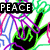 Animated icon with multiple peace symbols and text variations, featuring hand gestures and colorful abstract lines.