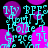 Pixelated cyan text and purple circles on black background, repeating names and abbreviations in a pattern