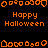 Pixelated orange icons and text on black background, displaying 'Happy Halloween' with various decorative shapes above each phrase.