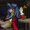 Pixel art character with long blue hair, red eyes, and gold jewelry holding a golden key-like object in a dimly lit room.