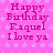 Pink background with white star pattern and repeated text "Happy Birthday Raquel I love ya" in magenta font.