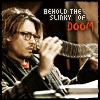 A pixelated image shows a person with light brown hair holding a glass, with text reading "BEHOLD THE SLINKY OF DOOM" in white and orange pixelated font.