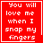 Red square with white pixelated text reading "You will love me when I snap my fingers" and a small heart symbol in the bottom-right corner.