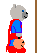 Pixelated cartoon bear in blue shirt and red cape stands beside brown pole, with sequential animation showing the pole breaking apart.