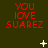 Red text reading YOU LOVE SUAREZ on dark green background with white star-like shapes scattered across.