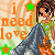 Pixel art contact sheet showing two identical animated frames of a cartoon girl with brown hair, green top, and blue jacket standing against a beige background with orange text "i need love" and green/orange stars.