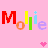 Pixelated text "Molie Molie" in red, orange, yellow, green, blue, and purple letters on a pink background with two pixel hearts below.
