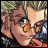 Pixelated anime-style character with light brown hair and glasses, wearing a red shirt, next to stylized text on a black background.
