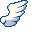 Four pixelated wing shapes in white, light purple, and dark blue on a gray background with no visible motion.