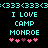 Cyan pixelated text and symbols on black background with two identical side-by-side sections showing 'I LOVE CAMP MONROE' above pink hearts, each section's heart sequence differs by one dark purple heart position.
