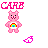 A 4x4 contact sheet of animated frames showing a pink Care Bear with rainbow belly badge and changing text above it, each frame featuring a small pink heart icon below the bear.