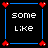 Pixelated 3x3 contact sheet of animated frames featuring text fragments and heart symbols on a black background with blue grid lines, each cell bordered by red hearts.