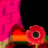 A static image shows a red flower with dark center on green stem against black background, next to pink patterned vertical shape and orange-yellow gradient.
