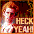 Pixelated image of a person with curly red hair and white clothing, standing against a dark background with orange and brown elements. Large text reads "HECK YEAH!" in yellow-orange letters.
