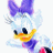 A 48x48 pixel animated buddy icon featuring a cartoon duck character with light blue hair, purple bow, and yellow beak on the left side, paired with green text reading "Original Icons .com" on a dark green background to the right.