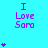 Cyan background with purple text "I Love Sara" and animated heart symbols appearing in vertical