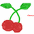 Pixelated cherry icon with two red fruits, green stems, and two green leaves on a white background.