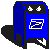 Six pixel-art frames of a blue mailbox-shaped character with animated eyes and mouth, displayed in a 3x2 contact sheet on gray background.