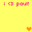 Yellow background with pink text 'i <3 paul!' repeated four times and three orange pixelated hearts in different positions.