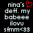 Pixelated text on black background with red heart symbol above 'nina's' in left , identical right without heart