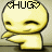 Animated contact sheet of a yellow cartoon character performing various hugging poses with heart symbols and 'HUG' text across multiple frames.