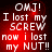 Red background with white pixelated text reading "OMJ! I lost my SCREW now i lost my NUT!!" in four identical